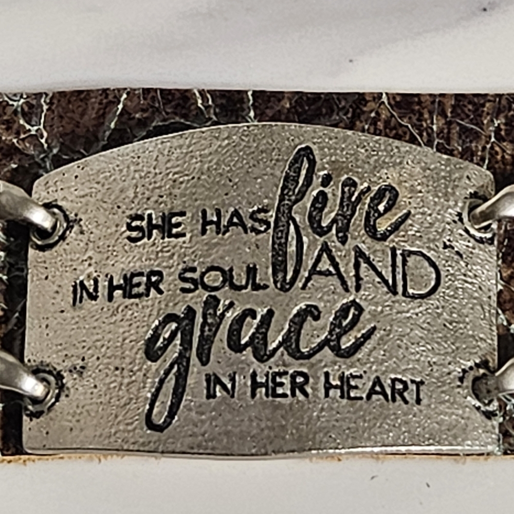 NWT - Bronze Leather Bracelet with Inspirational SHE HAS FIRE & GRACE Quote